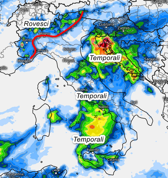 sommatoria delle precipitazioni attese in Italia nell'arco della giornata di venerdi 18 settembre secondo il modello ICON elaborato su base grafica Meteologix