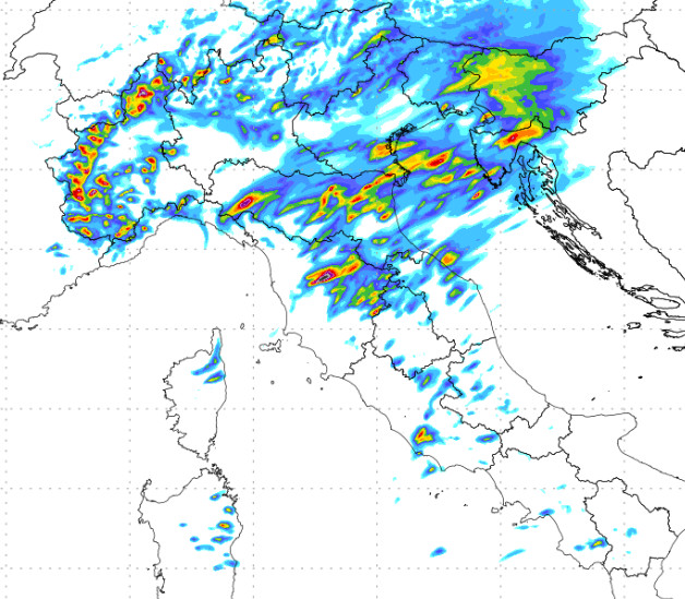sommatoria dei fenomeni attesi al nord e al centro nel pomeriggio-sera di giovedi 17 settembre, sempre secondo il modello Moloch elaborato su base grafica Lamma