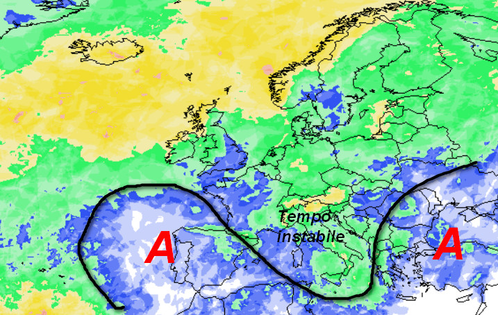 probabilit&agrave; di pioggia attesa in Europa nella giornata di domenica 20 settembre sempre secondo la media degli scenari del modello GFS elaborato su base grafica Meteociel