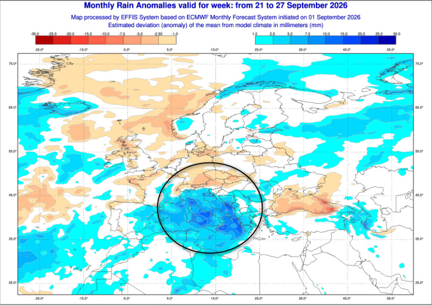 anomalie precipitative attese in Europa ed in Italia nel lasso temporale compreso tra il 21 ed il 27 settembre