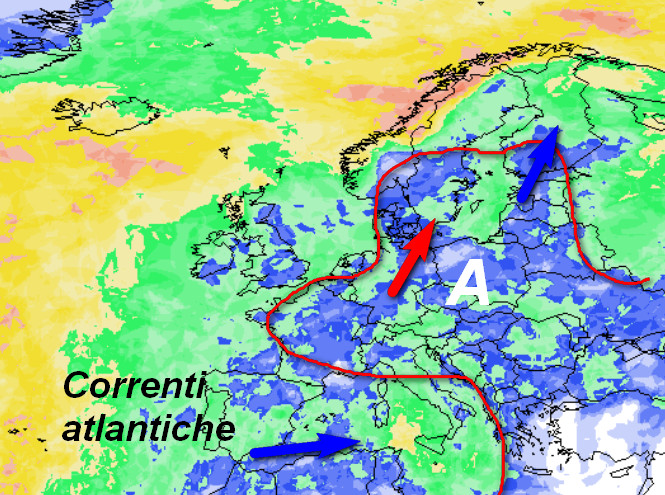 probabilità di pioggia a scala europea valida per mercoledi 30 settembre secondo la media degli scenari del modello GFS elaborato sui base grafica Meteociel