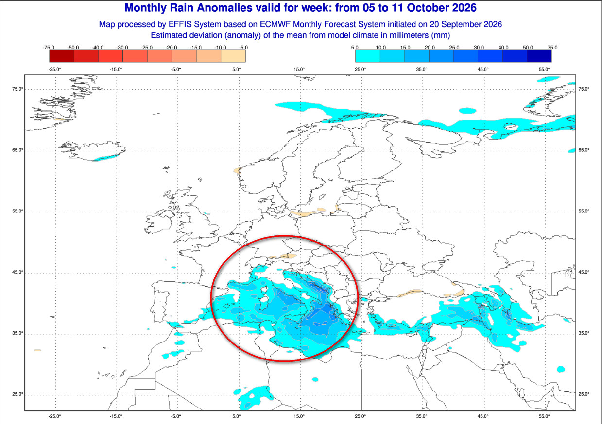 anomalie pluviometriche attese in Europa nel lasso temporale compreso tra il 5 e l'11 ottobre