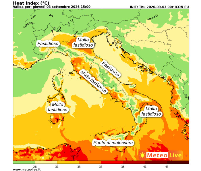 INDICE di DISAGIO da CALDO atteso in Italia alle ore 15 di gioved&igrave; 3 settembre