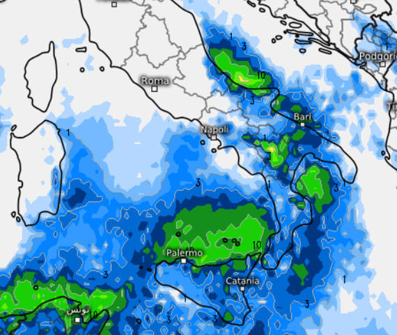 sommatoria delle precipitazioni attese in Italia nell'arco della giornata di domenica 20 settembre secondo il modello ECMWF elaborato su base grafica Meteologix