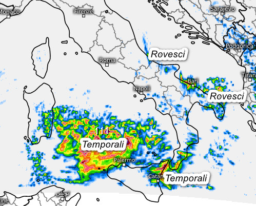sommatoria delle precipitazioni attese al meridione nell'arco della giornata di domenica 20 settembre sempre secondo il modello SWISS 4km elaborato su base grafica Meteologix