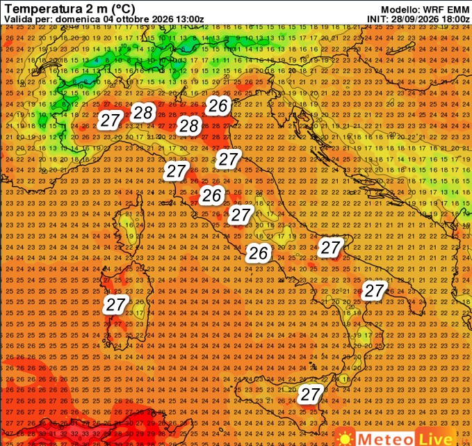 temperature attese in Italia alle ore 15 di domenica 4 ottobre
