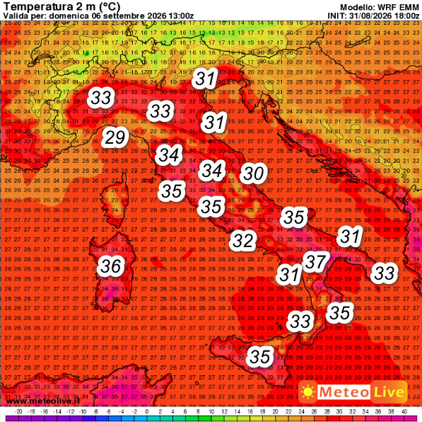 temperature attese in Italia alle ore 15 di domenica 6 settembre