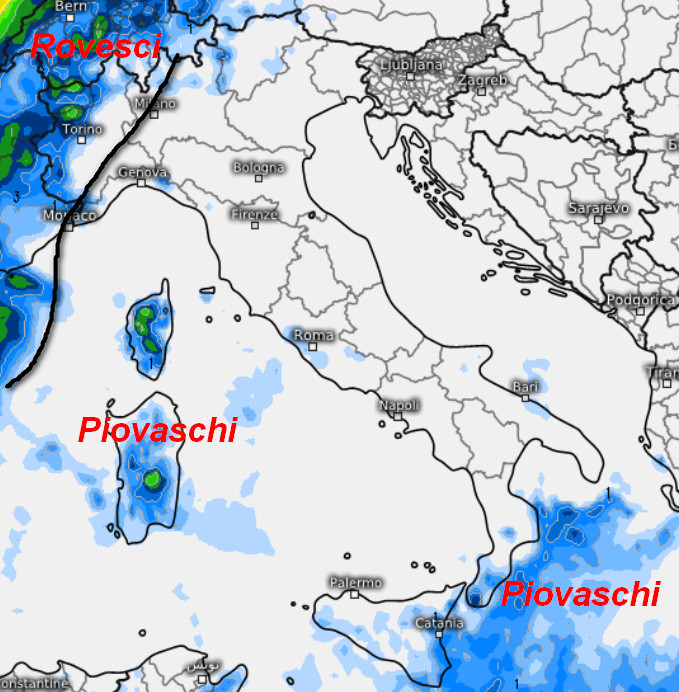 sommatoria delle piogge attese in Italia nell'arco della giornata di giovedi 1 ottobre secondo il modello ECMWF elaborato su base grafica Meteologix
