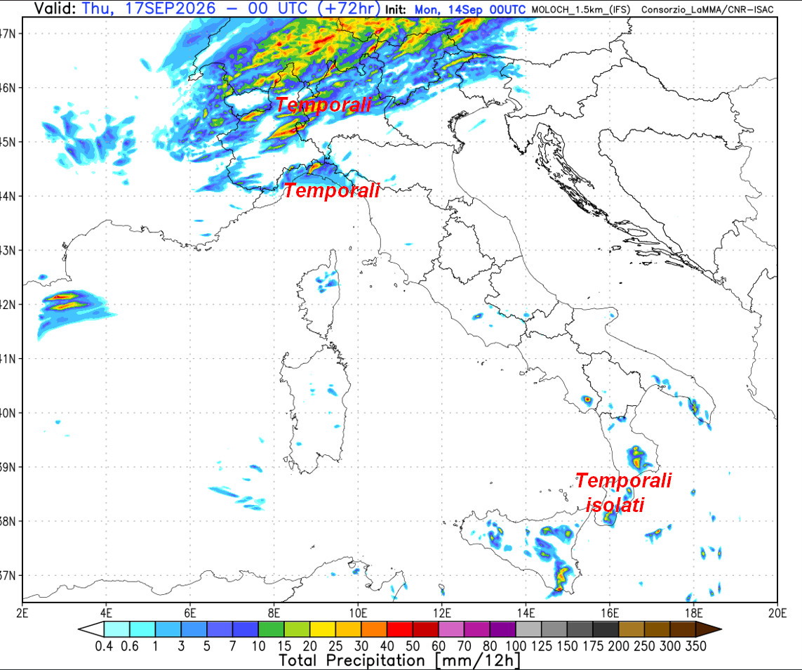 sommatoria delle precipitazioni attese in Italia per il pomeriggio e la serata di mercoledi 16 settembre, sempre secondo il modello Moloch 1.5km elaborato su base grafica Lamma