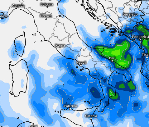 sommatoria delle piogge attese al centro ed al sud sempre nella giornata di domenica 13 settembre, ma secondo il modello GFS elaborato su base grafica Meteociel