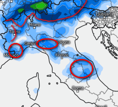 sommatoria delle precipitazioni attese in Italia lunedì 7 secondo il modello GFS elaborato su base grafica Meteologix