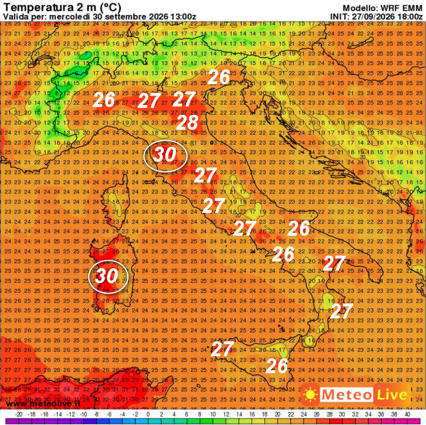 temperature attese in Italia alle ore 15 di mercoledi 30 settembre