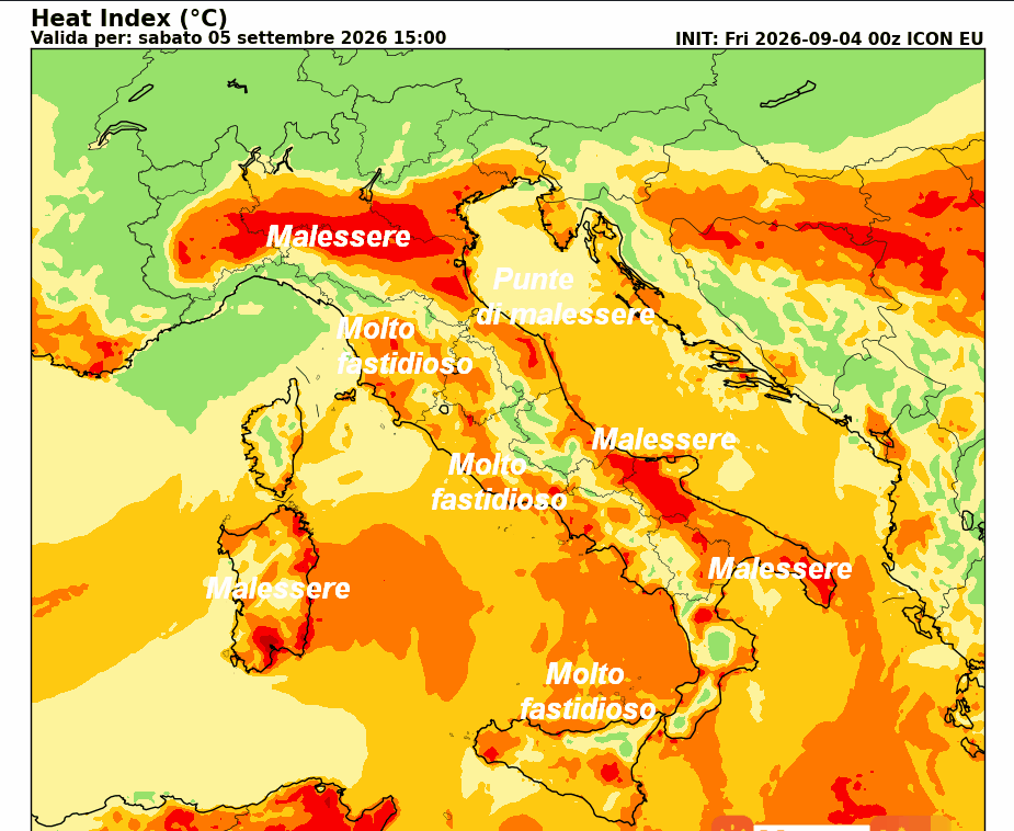 INDICE di DISAGIO da CALDO atteso in Italia alle ore 15 di sabato 5 settembre