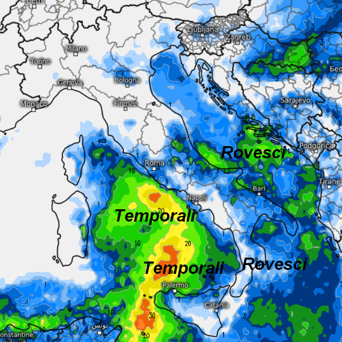 sommatoria delle precipitazioni attese in Italia nell'arco della giornata di sabato 19 settembre secondo il modello ICON elaborato su base grafica Meteologix