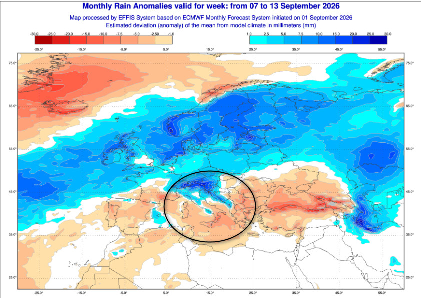 anomalie precipitative attese in Europa nel lasso temporale compreso tra il 7 ed il 13 settembre, con un occhio di riguardo all'Italia