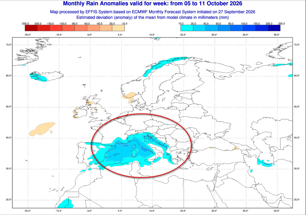 probabilità di pioggia a scala europea secondo il modello ECMWF elaborato su base Copernicus incentrata per il lasso temporale compreso tra il 5 e l'11 ottobre.