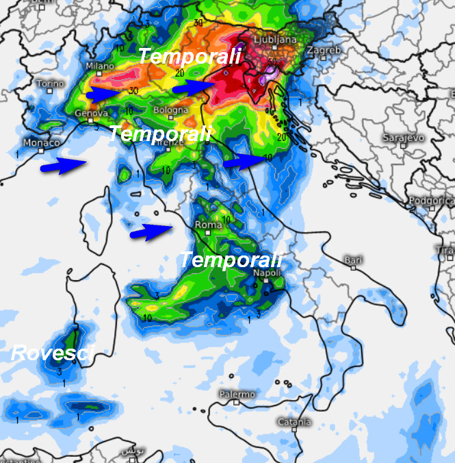 sommatoria dei fenomeni attesi in Italia nell'arco della giornata di giovedi 17 settembre secondo il modello UKMO elaborato su base grafica Meteologix