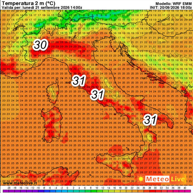 valori termici attesi sul nostro Paese alle ore 16 di lunedi 21 settembre