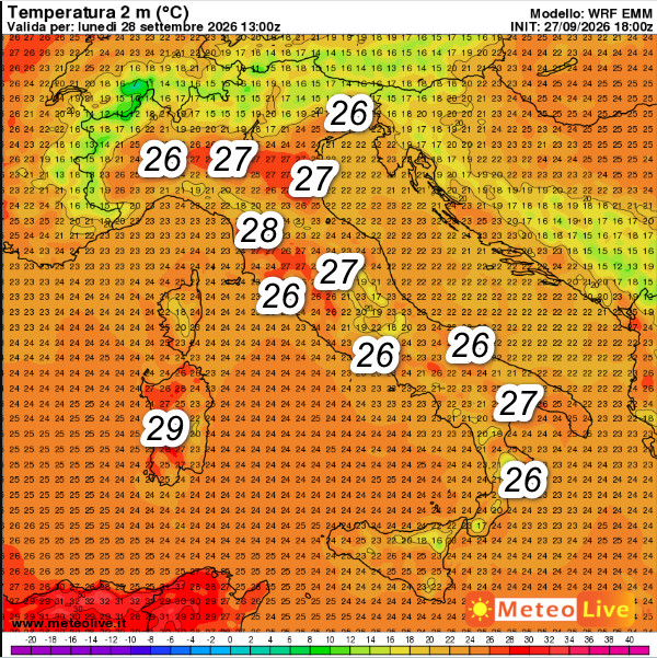 valori termici attesi sul nostro Paese alle ore 15 di lunedi 28 settembre