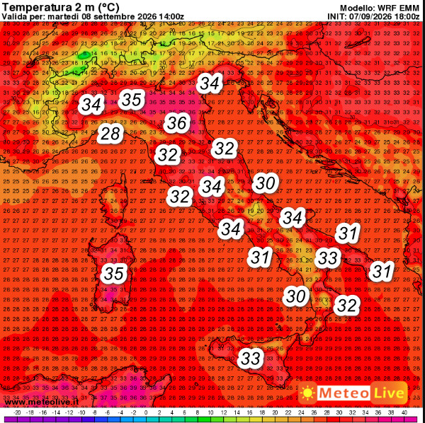 temperature attese sul nostro Paese alle ore 16 di marted&igrave; 8 settembre