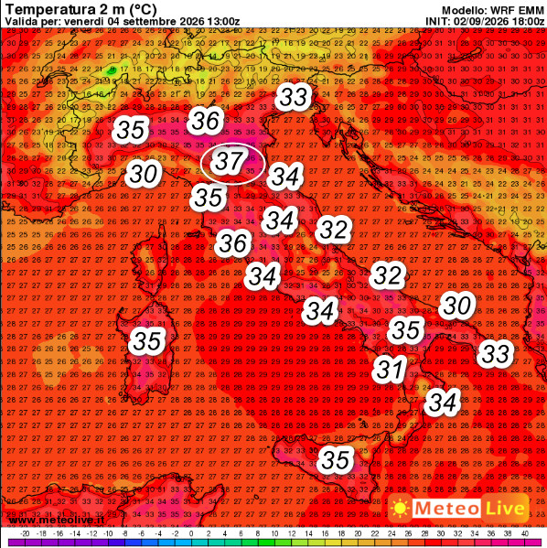 temperature attese in Italia alle ore 15 di venerdi 4 settembre