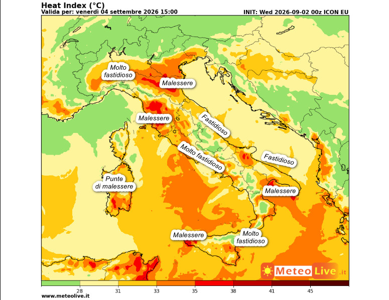 'indice di disagio da caldo atteso in Italia alle ore 15 di venerdi 4 settembre