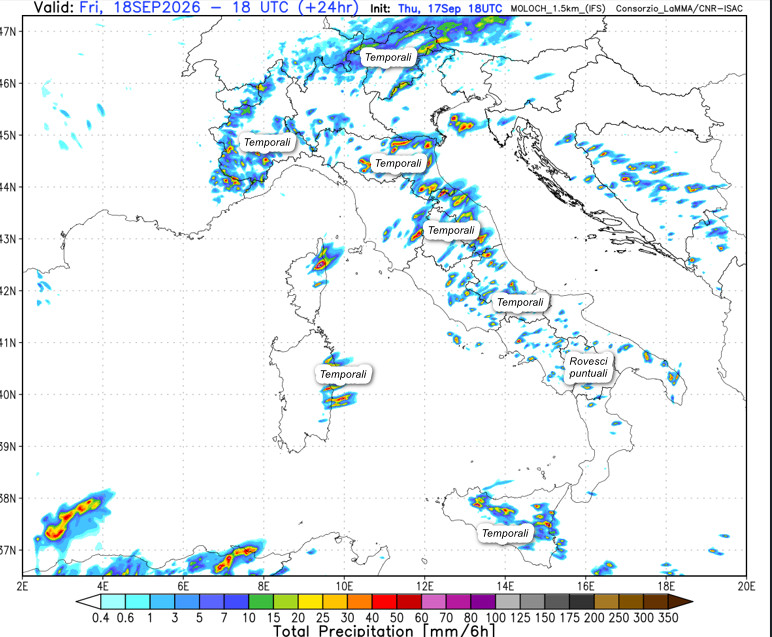 precipitazioni attese in Italia tra il pomeriggio e la sera di venerdi 18 settembre sempre secondo il modello Moloch elaborato su base grafica Lamma