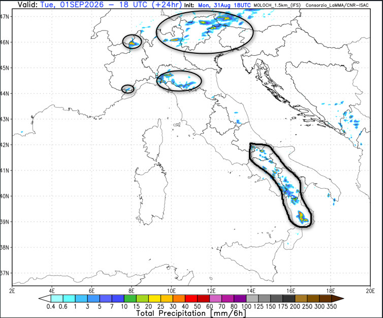 sommatoria dei temporali attesi in Italia tra le ore 15 e le 21 di martedi 1 settembre secondo il modello Moloch 1.5km elaborato su base grafica Lamma