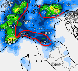  sommatoria dei fenomeni attesi al settentrione secondo il modello GFS elaborato su base grafica Meteologix