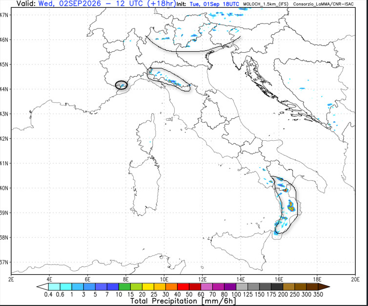 sommatoria delle precipitazioni attese in Italia tra le 8 e le 14 di mercoledi 2 settembre secondo il modello Moloch 1.5km elaborato su base grafica Lamma