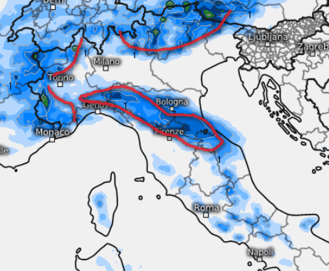 sommatoria dei fenomeni attesi in Italia sempre nella giornata di lunedi 7 settembre, ma secondo il modello ECMWF elaborato su base grafica Meteologix