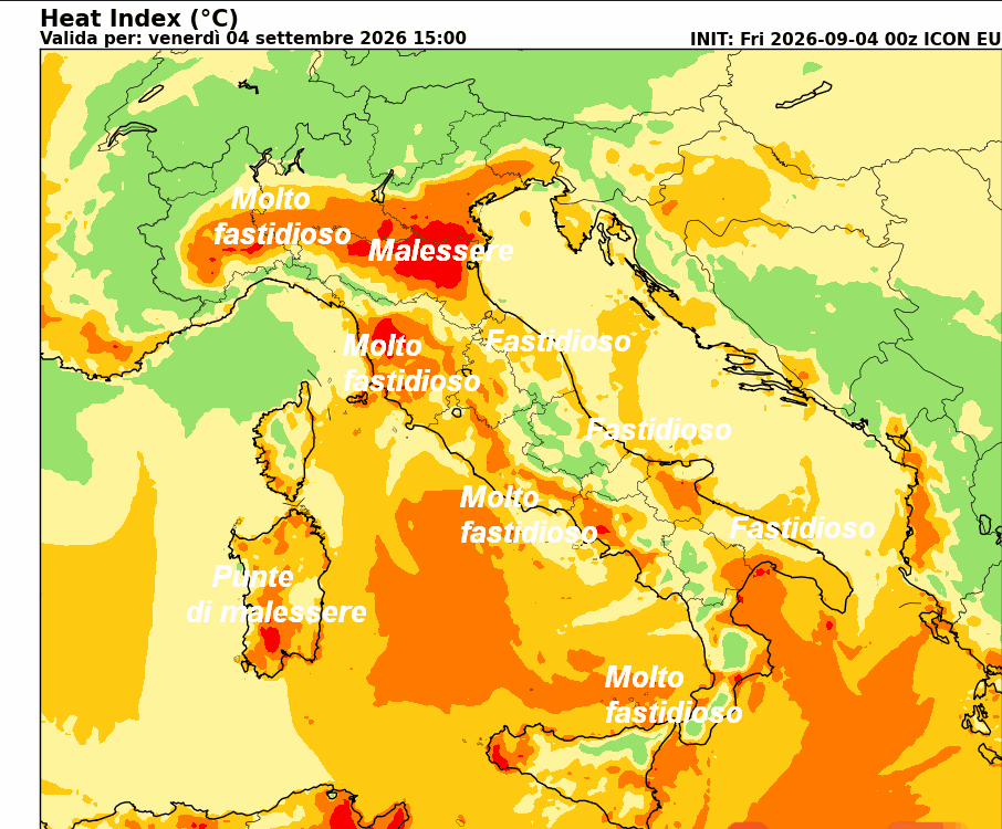 INDICE di DISAGIO da CALDO atteso in Italia alle ore 15 di venerdi 4 settembre