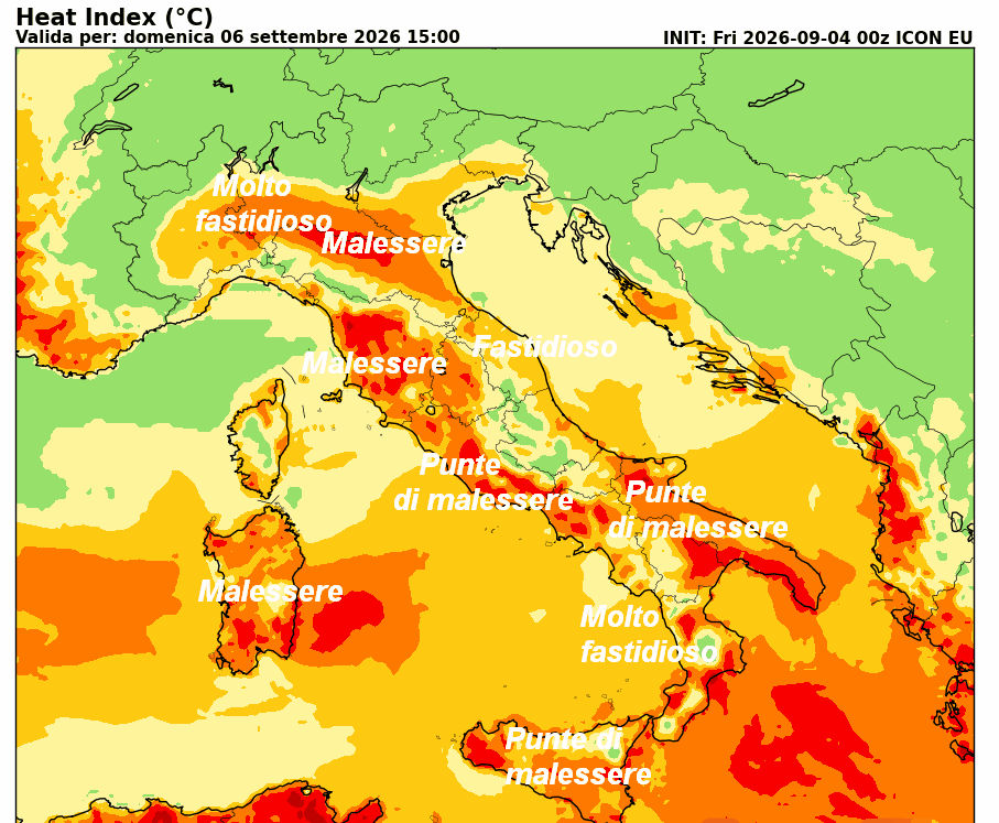 INDICE di DISAGIO da CALDO atteso in Italia alle ore 15 di domenica 6 settembre