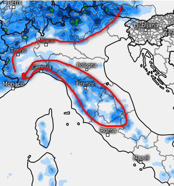  sommatoria dei fenomeni attesi al settentrione ed al centro sempre nella giornata di lunedi 7 settembre, ma secondo il modello ECMWF elaborato su base grafica Meteologix
