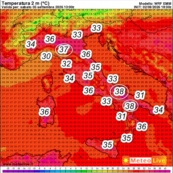 temperature attese in Italia alle ore 15 di sabato 5 settembre