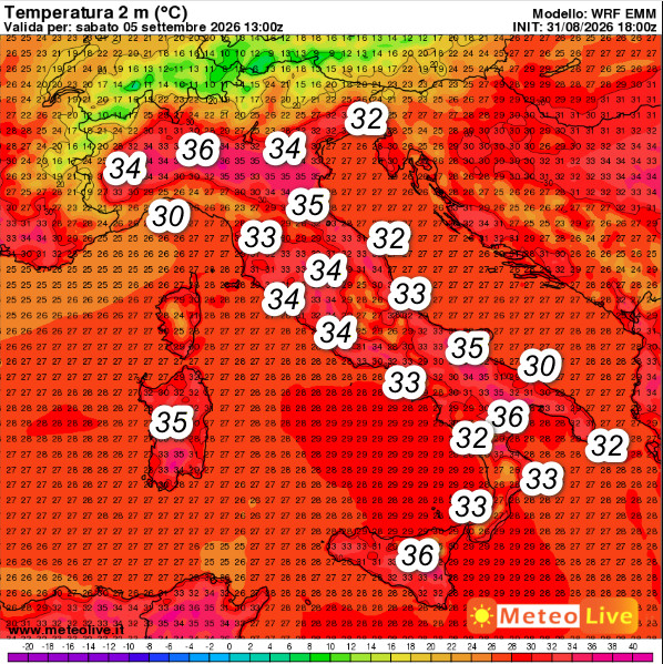 temperature attese in Italia alle ore 15 di sabato 5 settembre