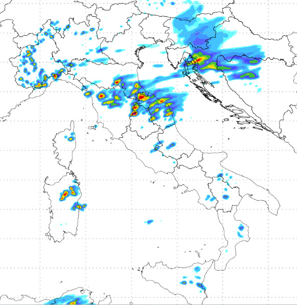 sommatoria delle precipitazioni attese sul nostro Paese nel pomeriggio/sera di giovedi 17 settembre sempre secondo il modello WRF 3KM elaborato su base grafica Lamma