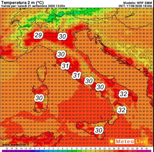 temperature attese in Italia alle ore 15 di lunedi 21 settembre