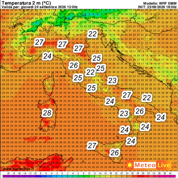 temperature attese sul nostro Paese alle ore 15 di giovedi 24 settembre