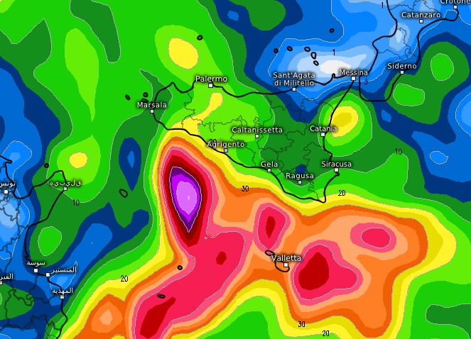modello GFS su base grafica Meteologix con gli accumuli previsti per la giornata di domenica 20 settembre: 