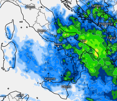 sommatoria delle precipitazioni attese sul nostro Paese nell'arco della giornata di domenica 13 settembre secondo il modello ECMWF elaborato su base grafica Meteologix