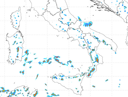 sommatoria delle precipitazioni attese al centro e al meridione fino al primo pomeriggio di domenica 20 settembre secondo il modello Moloch 1.5km elaborato su base grafica Lamma