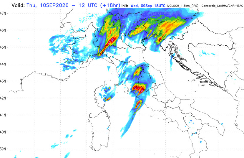 sommatoria delle precipitazioni attese in Italia nella mattinata e nel primo pomeriggio (indicativamente fino alle ore 14) secondo il modello Moloch 1.5km elaborato su base grafica Lamma