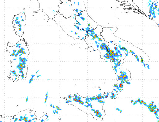 sommatoria dei temporali attesi in Italia tra il pomeriggio e la serata di domenica 20 settembre sempre secondo il modello Moloch 1.5km elaborato su base grafica Lamma