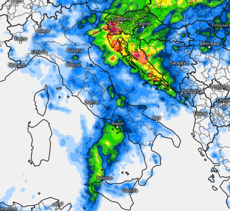 sommatoria delle precipitazioni attese in Italia nell'arco della giornata di venerdi 11 settembre secondo il modello ECMWF elaborato su base grafica Meteologix: