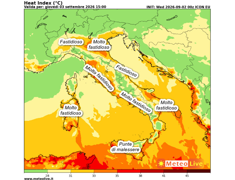 INDICE di DISAGIO da CALDO atteso in Italia alle ore 15 di giovedi 3 settembre