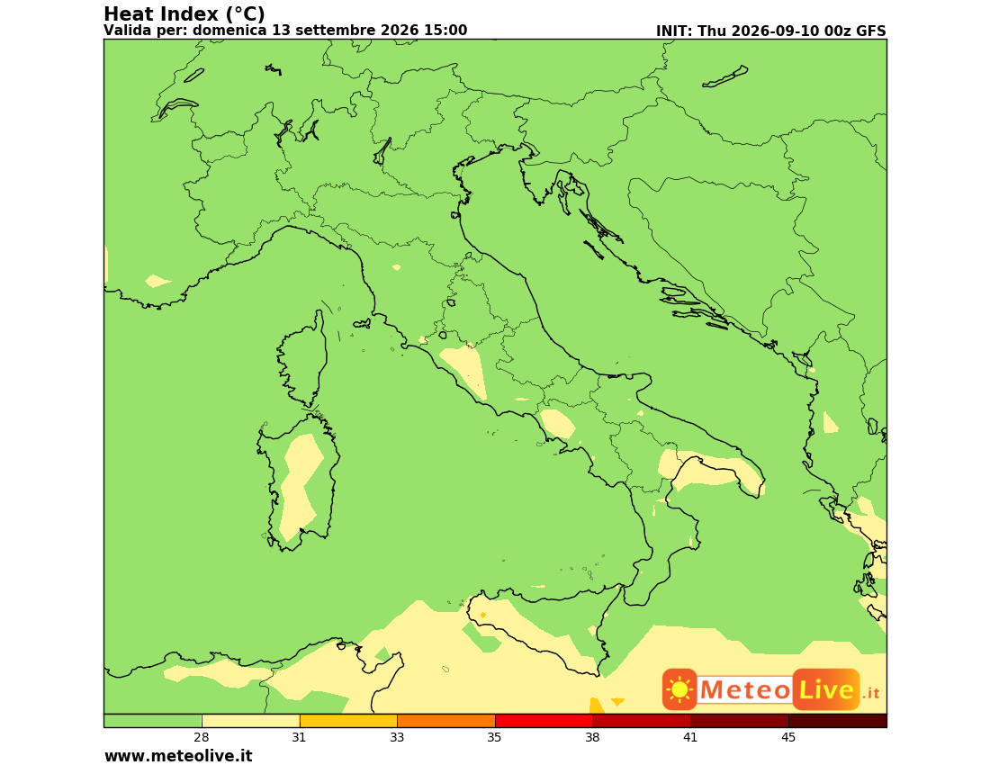 indice di disagio da caldo atteso in Italia alle ore 15 di domenica 13 settembre