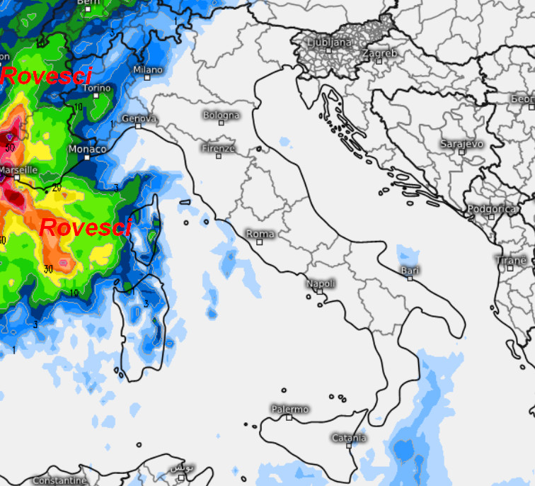 sommatoria delle piogge attese in Italia nell'arco della giornata di giovedi 1 ottobre secondo il modello ICON elaborato su base grafica Meteologix