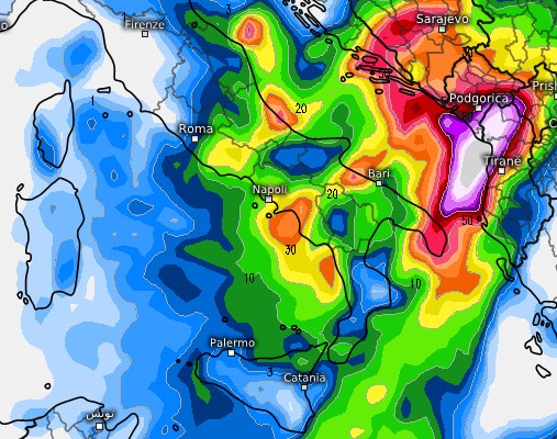 Mappa della sommatoria dei fenomeni previsti per il 25 settembre dal modello GFS su base grafica Meteologix.