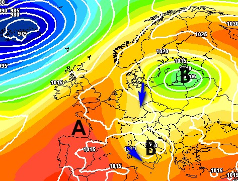 Mappa barica prevista dal modello GFS su base Meteociel per l'alba del 25 settembre.